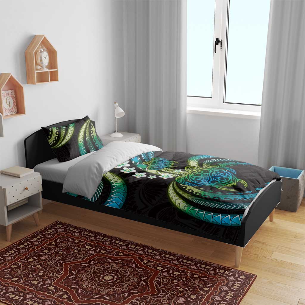 Hawaii Turtles Plumeria Bedding Set Chartreuse Cyan Polynesian Pattern LT01 - Polynesian Pride
