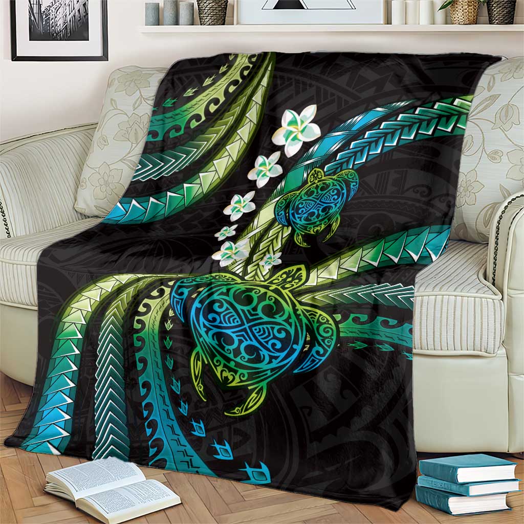 Hawaii Turtles Plumeria Blanket Chartreuse Cyan Polynesian Pattern LT01 - Polynesian Pride