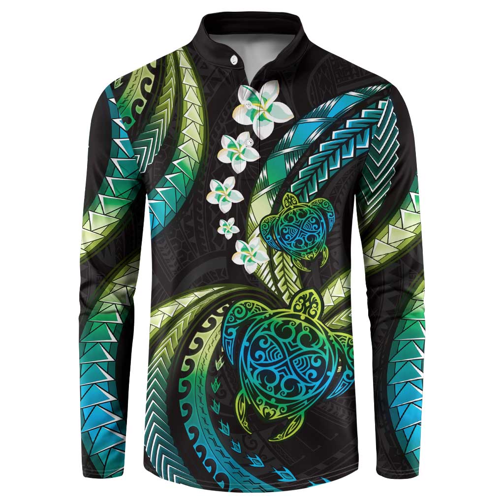 Hawaii Turtles Plumeria Button Sweatshirt Chartreuse Cyan Polynesian Pattern LT01 Cyan - Polynesian Pride