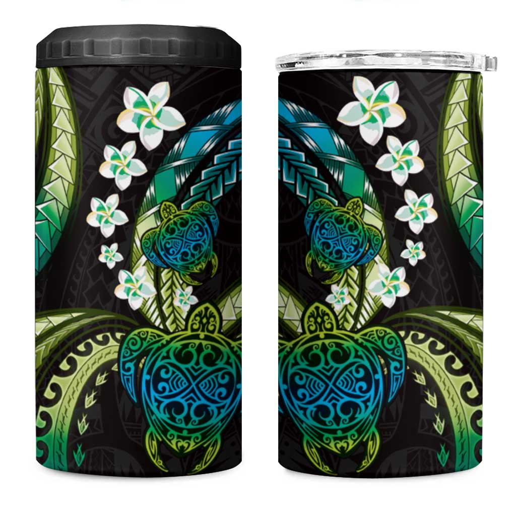 Hawaii Turtles Plumeria 4 in 1 Can Cooler Tumbler Chartreuse Cyan Polynesian Pattern