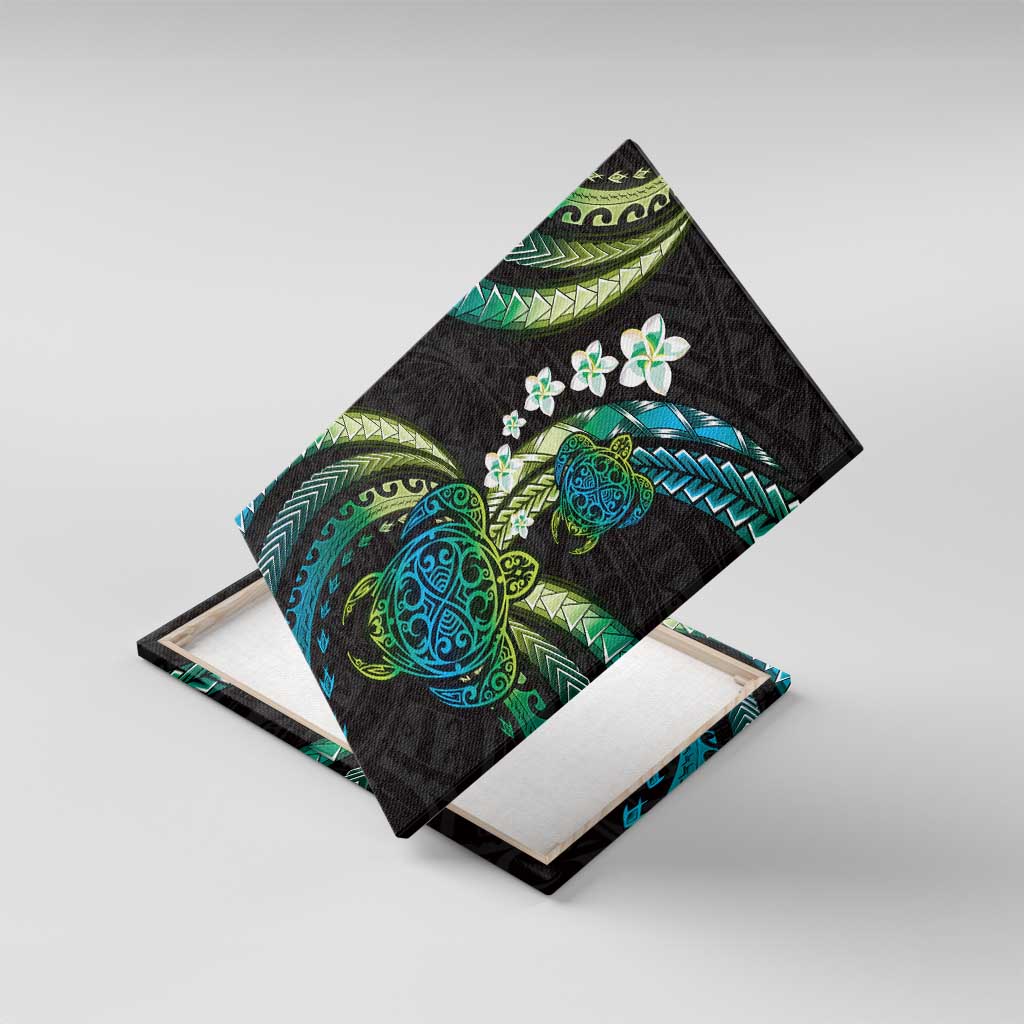 Hawaii Turtles Plumeria Canvas Wall Art Chartreuse Cyan Polynesian Pattern LT01 With Frame Cyan - Polynesian Pride