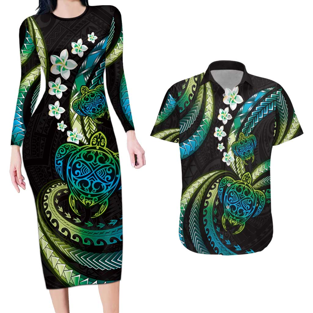 Hawaii Turtles Plumeria Couples Matching Long Sleeve Bodycon Dress and Hawaiian Shirt Chartreuse Cyan Polynesian Pattern LT01 Cyan - Polynesian Pride