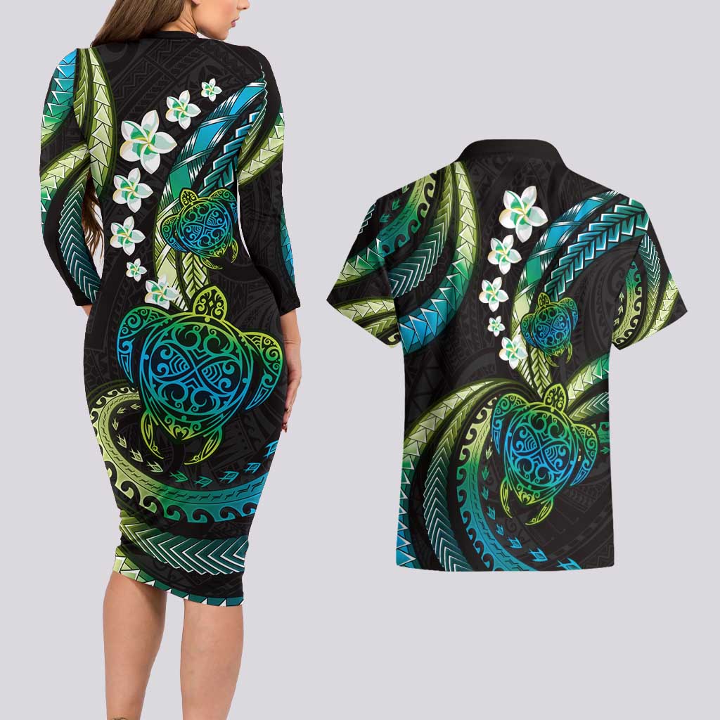 Hawaii Turtles Plumeria Couples Matching Long Sleeve Bodycon Dress and Hawaiian Shirt Chartreuse Cyan Polynesian Pattern LT01 - Polynesian Pride