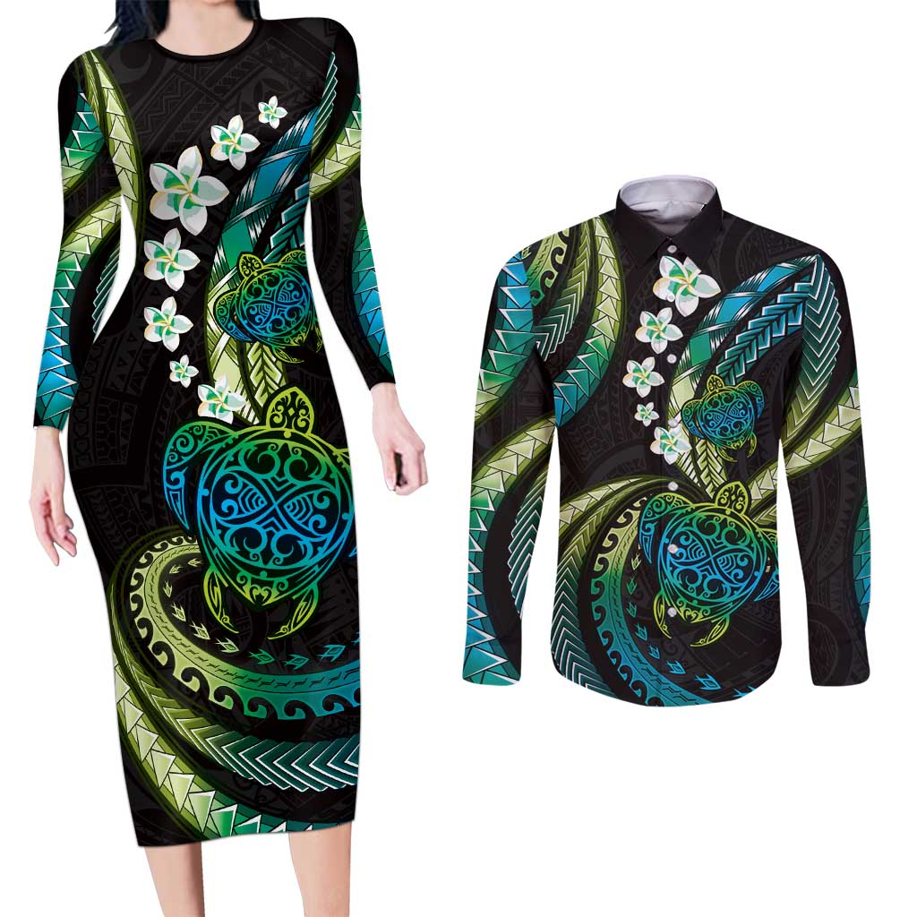 Hawaii Turtles Plumeria Couples Matching Long Sleeve Bodycon Dress and Long Sleeve Button Shirt Chartreuse Cyan Polynesian Pattern LT01 Cyan - Polynesian Pride