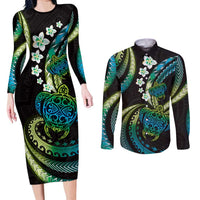 Hawaii Turtles Plumeria Couples Matching Long Sleeve Bodycon Dress and Long Sleeve Button Shirt Chartreuse Cyan Polynesian Pattern LT01 Cyan - Polynesian Pride