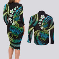Hawaii Turtles Plumeria Couples Matching Long Sleeve Bodycon Dress and Long Sleeve Button Shirt Chartreuse Cyan Polynesian Pattern LT01 - Polynesian Pride