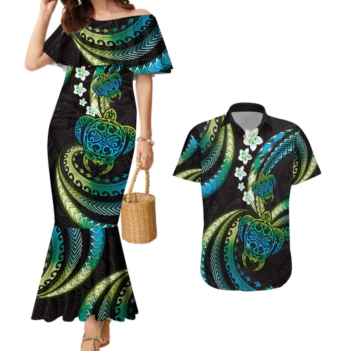 Hawaii Turtles Plumeria Couples Matching Mermaid Dress and Hawaiian Shirt Chartreuse Cyan Polynesian Pattern LT01 Cyan - Polynesian Pride