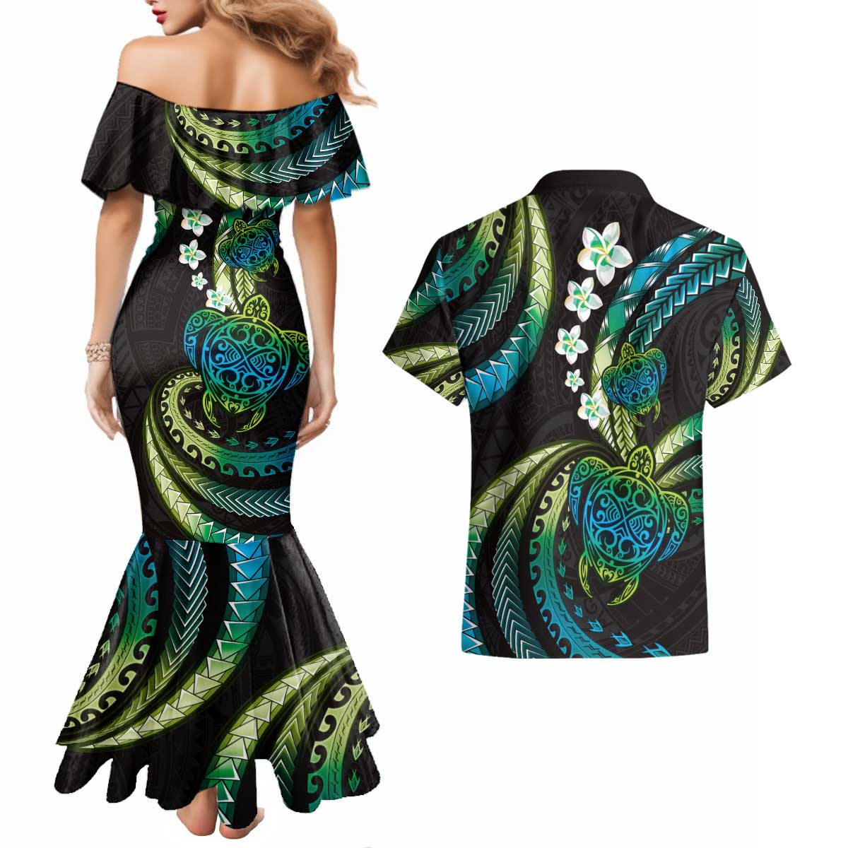 Hawaii Turtles Plumeria Couples Matching Mermaid Dress and Hawaiian Shirt Chartreuse Cyan Polynesian Pattern LT01 - Polynesian Pride