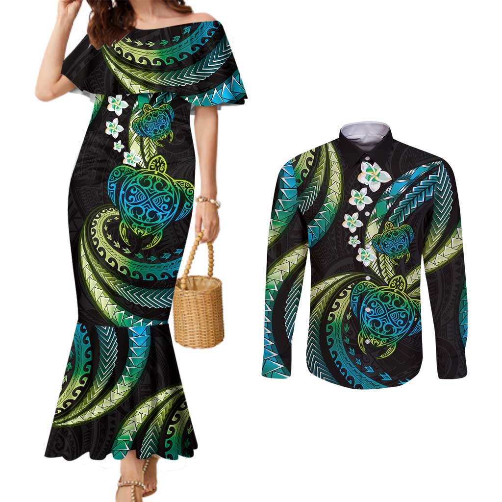 Hawaii Turtles Plumeria Couples Matching Mermaid Dress and Long Sleeve Button Shirt Chartreuse Cyan Polynesian Pattern LT01 Cyan - Polynesian Pride