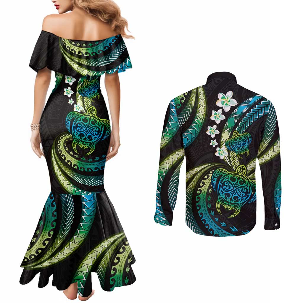 Hawaii Turtles Plumeria Couples Matching Mermaid Dress and Long Sleeve Button Shirt Chartreuse Cyan Polynesian Pattern LT01 - Polynesian Pride