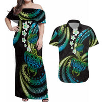 Hawaii Turtles Plumeria Couples Matching Off Shoulder Maxi Dress and Hawaiian Shirt Chartreuse Cyan Polynesian Pattern LT01 Cyan - Polynesian Pride