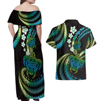 Hawaii Turtles Plumeria Couples Matching Off Shoulder Maxi Dress and Hawaiian Shirt Chartreuse Cyan Polynesian Pattern LT01 - Polynesian Pride