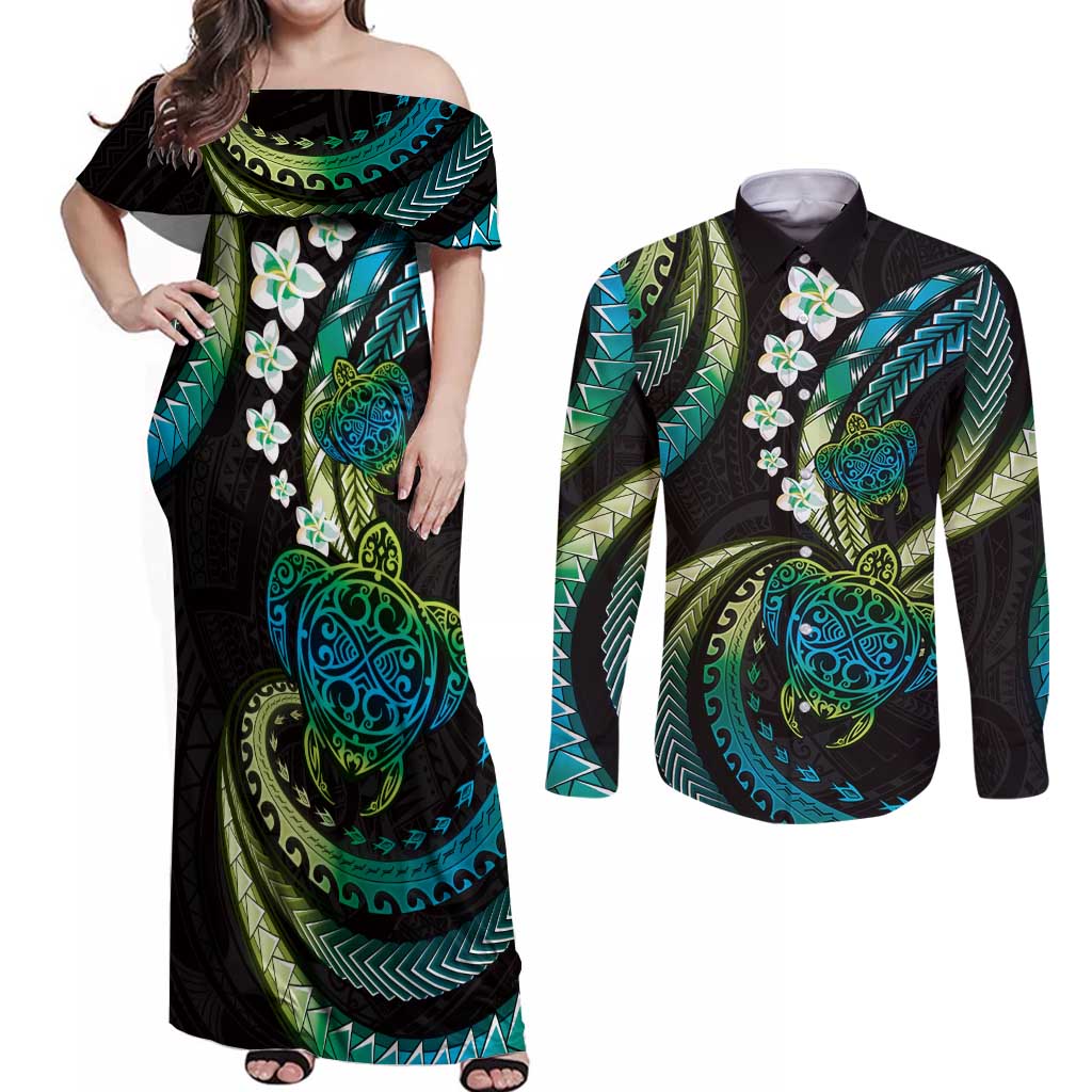 Hawaii Turtles Plumeria Couples Matching Off Shoulder Maxi Dress and Long Sleeve Button Shirt Chartreuse Cyan Polynesian Pattern LT01 Cyan - Polynesian Pride