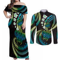Hawaii Turtles Plumeria Couples Matching Off Shoulder Maxi Dress and Long Sleeve Button Shirt Chartreuse Cyan Polynesian Pattern LT01 Cyan - Polynesian Pride