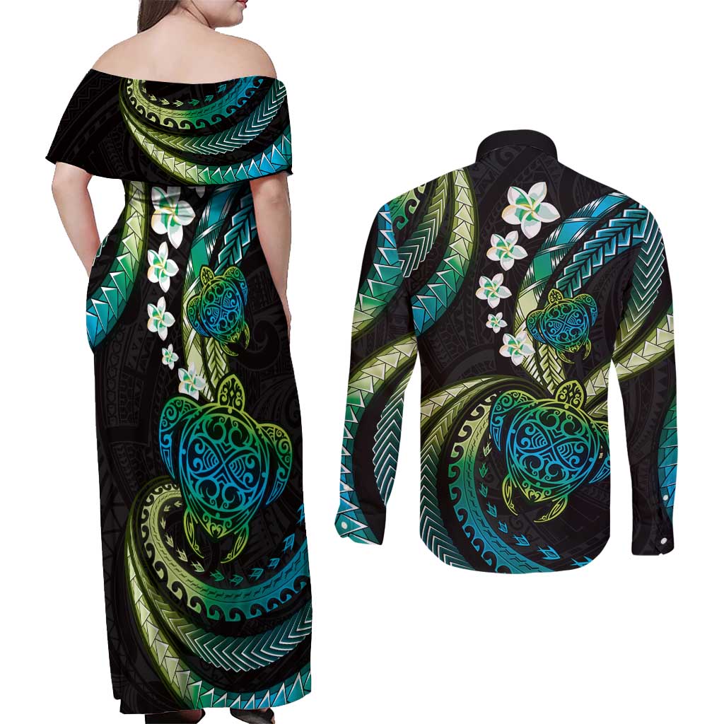 Hawaii Turtles Plumeria Couples Matching Off Shoulder Maxi Dress and Long Sleeve Button Shirt Chartreuse Cyan Polynesian Pattern LT01 - Polynesian Pride
