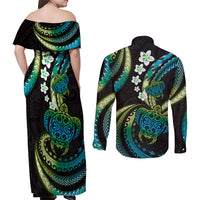 Hawaii Turtles Plumeria Couples Matching Off Shoulder Maxi Dress and Long Sleeve Button Shirt Chartreuse Cyan Polynesian Pattern LT01 - Polynesian Pride