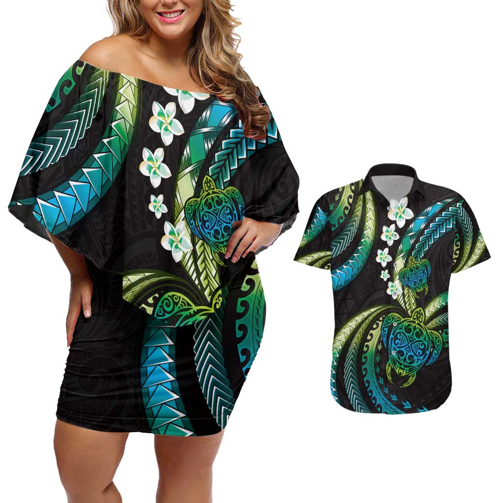 Hawaii Turtles Plumeria Couples Matching Off Shoulder Short Dress and Hawaiian Shirt Chartreuse Cyan Polynesian Pattern LT01 Cyan - Polynesian Pride