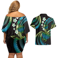 Hawaii Turtles Plumeria Couples Matching Off Shoulder Short Dress and Hawaiian Shirt Chartreuse Cyan Polynesian Pattern LT01 - Polynesian Pride