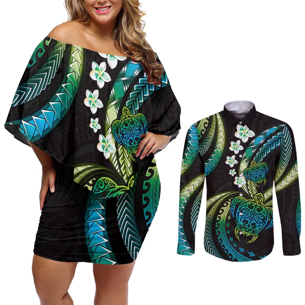 Hawaii Turtles Plumeria Couples Matching Off Shoulder Short Dress and Long Sleeve Button Shirt Chartreuse Cyan Polynesian Pattern LT01 Cyan - Polynesian Pride