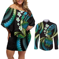 Hawaii Turtles Plumeria Couples Matching Off Shoulder Short Dress and Long Sleeve Button Shirt Chartreuse Cyan Polynesian Pattern LT01 Cyan - Polynesian Pride