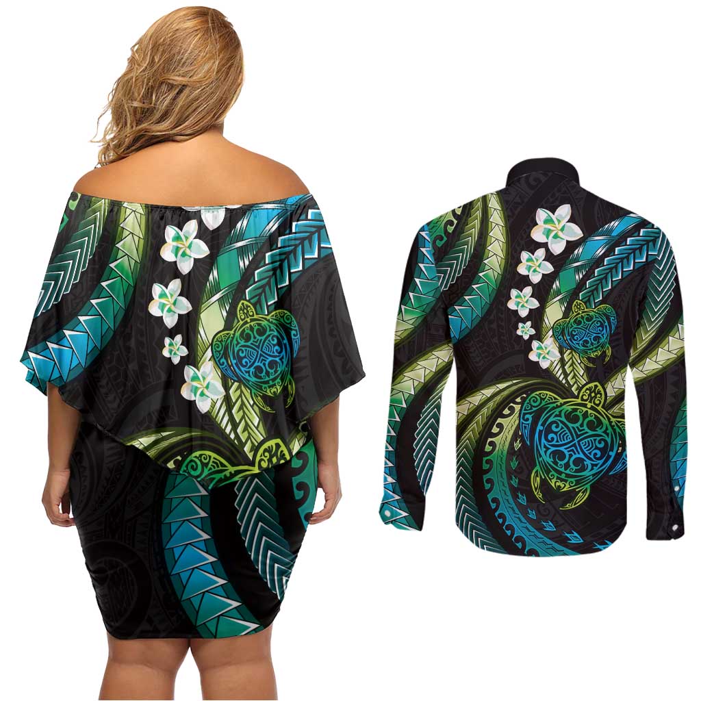 Hawaii Turtles Plumeria Couples Matching Off Shoulder Short Dress and Long Sleeve Button Shirt Chartreuse Cyan Polynesian Pattern LT01 - Polynesian Pride