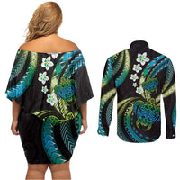 Hawaii Turtles Plumeria Couples Matching Off Shoulder Short Dress and Long Sleeve Button Shirt Chartreuse Cyan Polynesian Pattern LT01 - Polynesian Pride