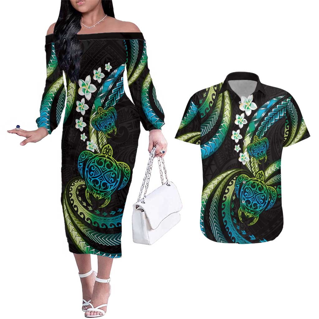 Hawaii Turtles Plumeria Couples Matching Off The Shoulder Long Sleeve Dress and Hawaiian Shirt Chartreuse Cyan Polynesian Pattern LT01 Cyan - Polynesian Pride