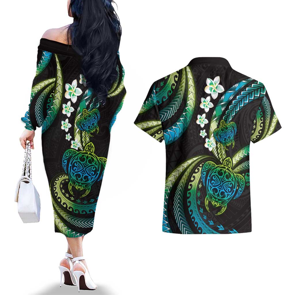 Hawaii Turtles Plumeria Couples Matching Off The Shoulder Long Sleeve Dress and Hawaiian Shirt Chartreuse Cyan Polynesian Pattern LT01 - Polynesian Pride
