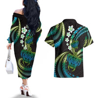 Hawaii Turtles Plumeria Couples Matching Off The Shoulder Long Sleeve Dress and Hawaiian Shirt Chartreuse Cyan Polynesian Pattern LT01 - Polynesian Pride