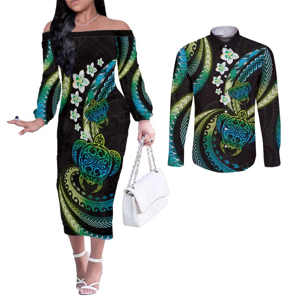 Hawaii Turtles Plumeria Couples Matching Off The Shoulder Long Sleeve Dress and Long Sleeve Button Shirt Chartreuse Cyan Polynesian Pattern LT01 Cyan - Polynesian Pride