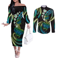 Hawaii Turtles Plumeria Couples Matching Off The Shoulder Long Sleeve Dress and Long Sleeve Button Shirt Chartreuse Cyan Polynesian Pattern LT01 Cyan - Polynesian Pride
