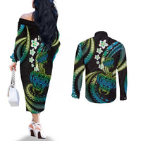 Hawaii Turtles Plumeria Couples Matching Off The Shoulder Long Sleeve Dress and Long Sleeve Button Shirt Chartreuse Cyan Polynesian Pattern LT01 - Polynesian Pride