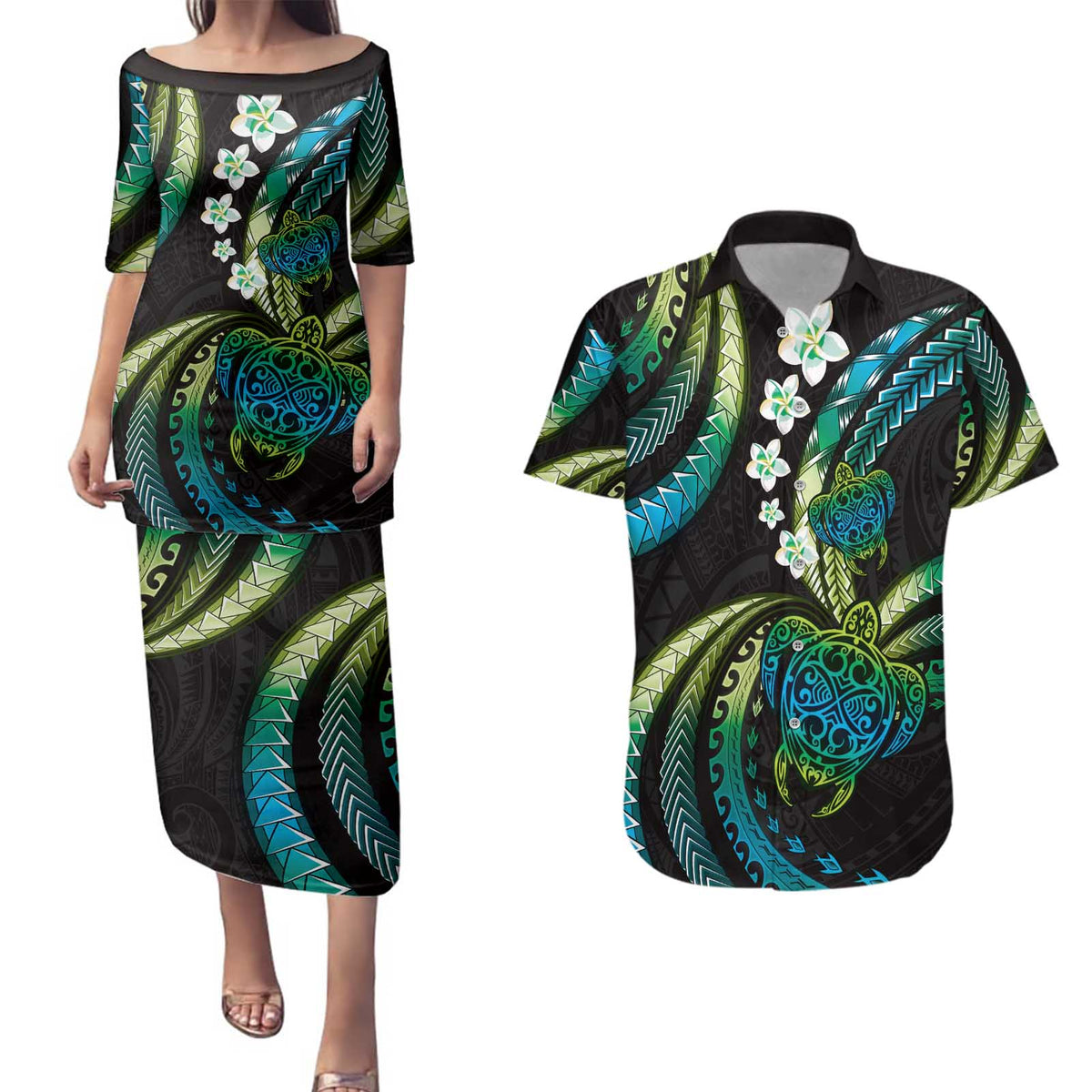 Hawaii Turtles Plumeria Couples Matching Puletasi and Hawaiian Shirt Chartreuse Cyan Polynesian Pattern LT01 Cyan - Polynesian Pride