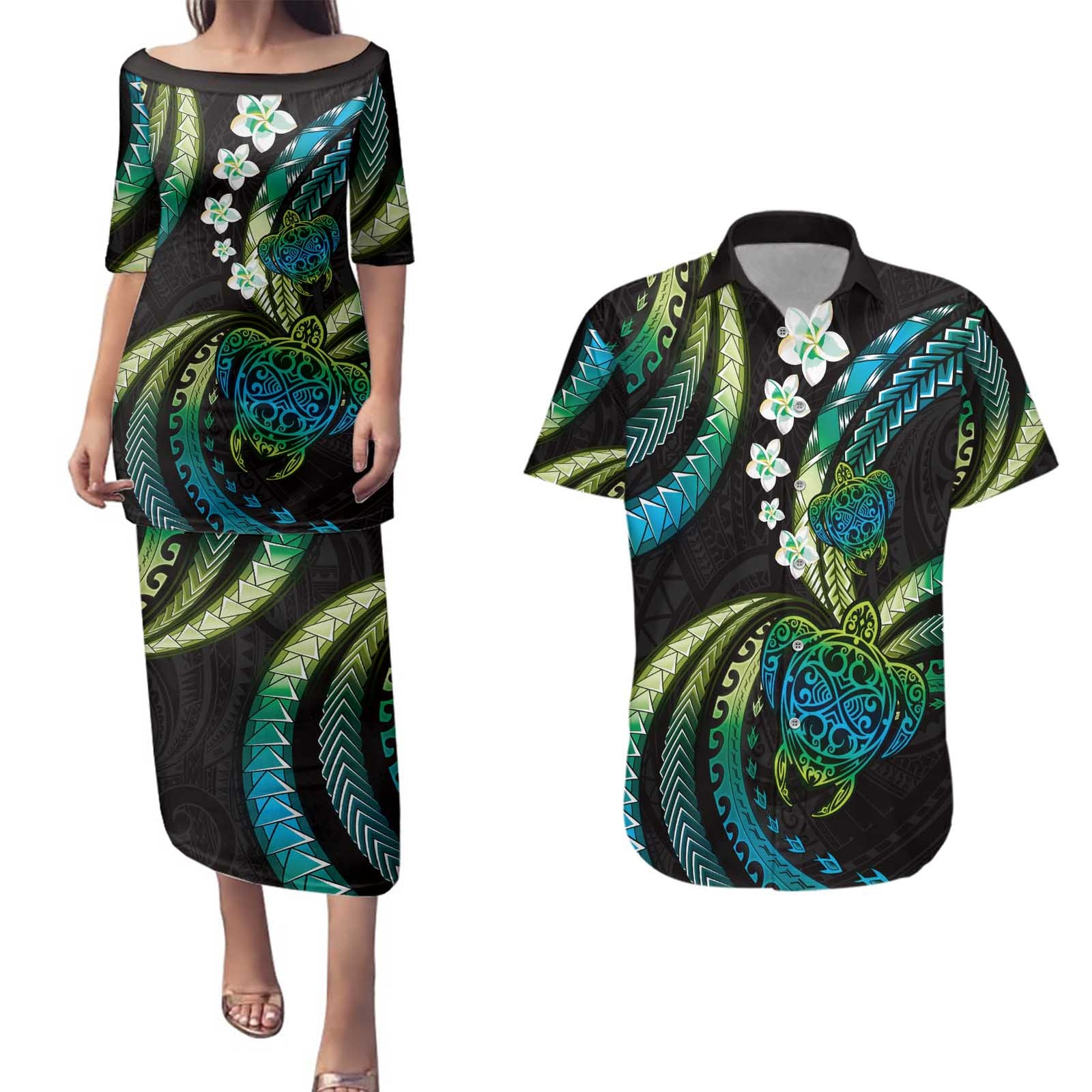 Hawaii Turtles Plumeria Couples Matching Puletasi and Hawaiian Shirt Chartreuse Cyan Polynesian Pattern LT01 Cyan - Polynesian Pride