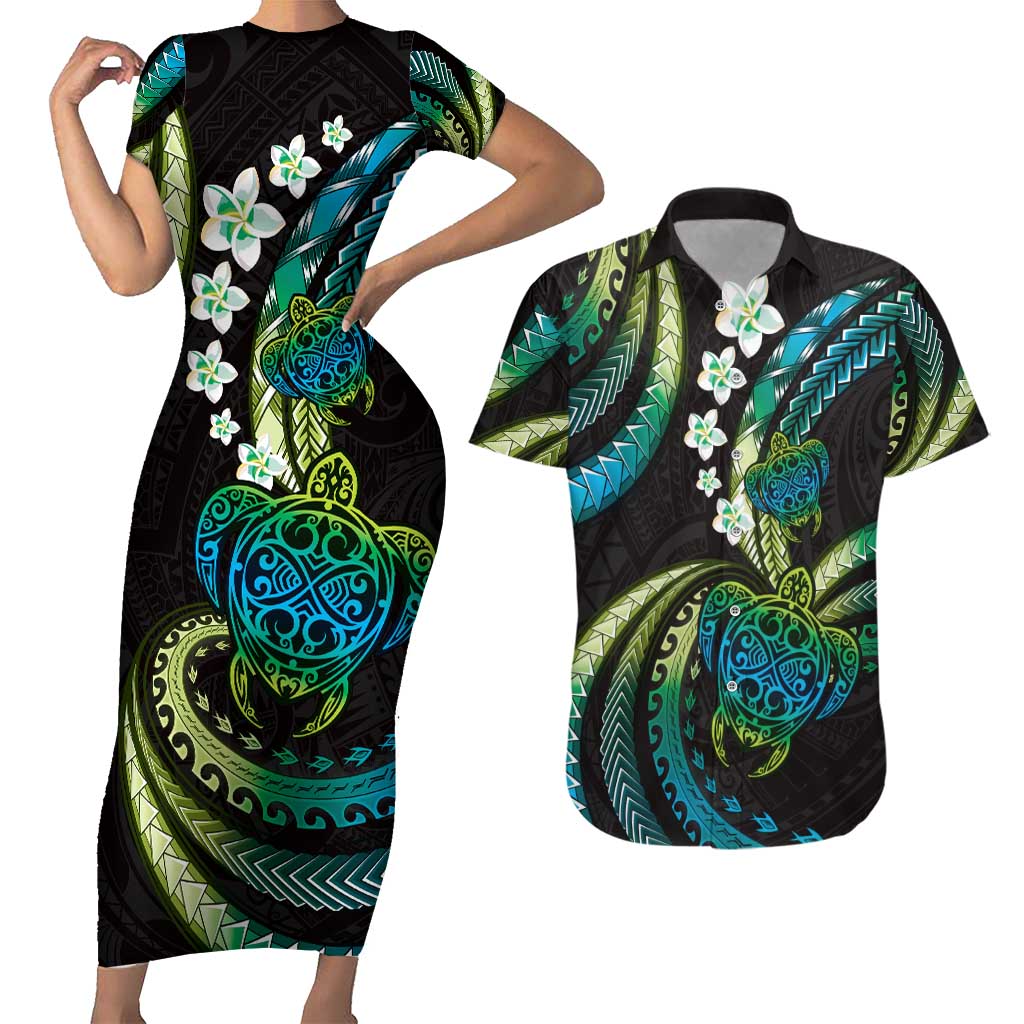Hawaii Turtles Plumeria Couples Matching Short Sleeve Bodycon Dress and Hawaiian Shirt Chartreuse Cyan Polynesian Pattern LT01 Cyan - Polynesian Pride