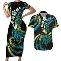 Hawaii Turtles Plumeria Couples Matching Short Sleeve Bodycon Dress and Hawaiian Shirt Chartreuse Cyan Polynesian Pattern LT01 Cyan - Polynesian Pride