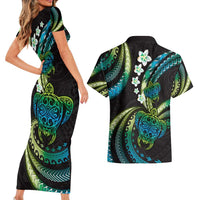 Hawaii Turtles Plumeria Couples Matching Short Sleeve Bodycon Dress and Hawaiian Shirt Chartreuse Cyan Polynesian Pattern LT01 - Polynesian Pride