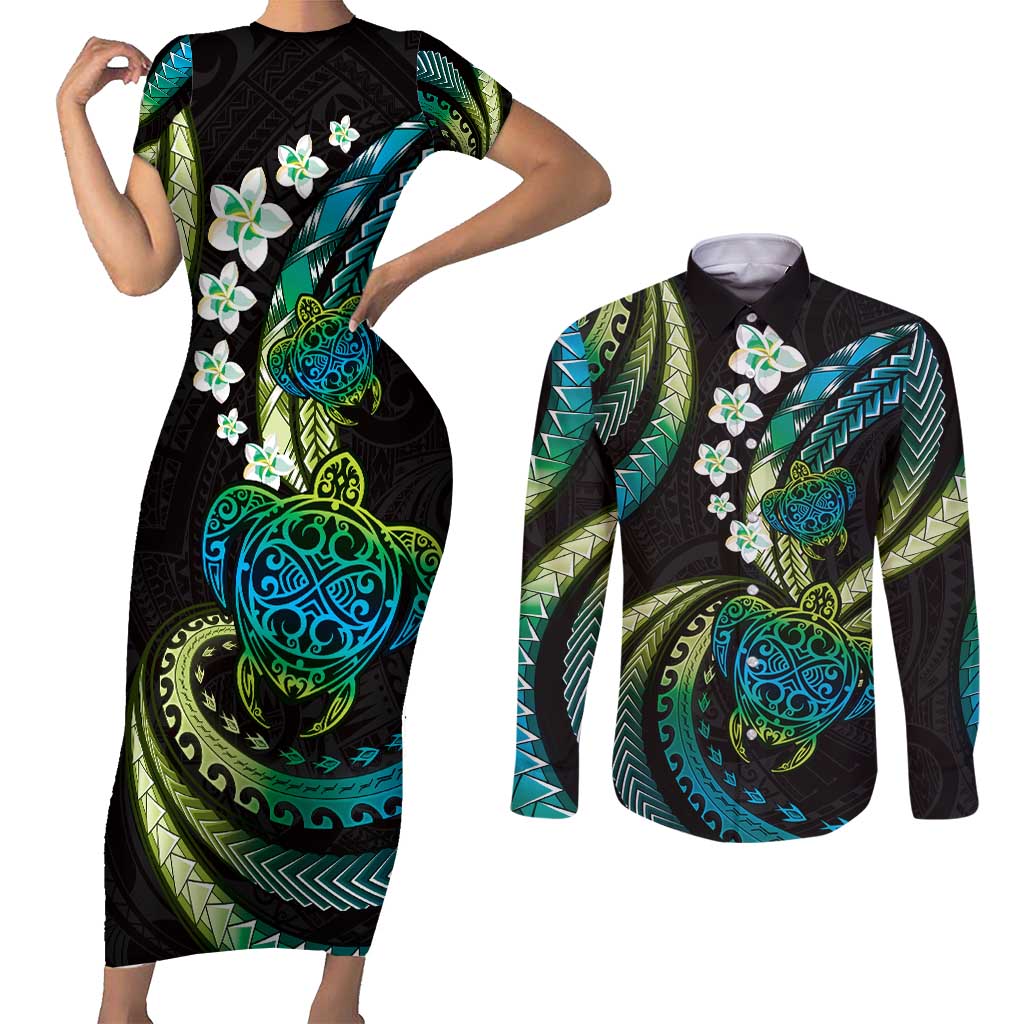 Hawaii Turtles Plumeria Couples Matching Short Sleeve Bodycon Dress and Long Sleeve Button Shirt Chartreuse Cyan Polynesian Pattern LT01 Cyan - Polynesian Pride