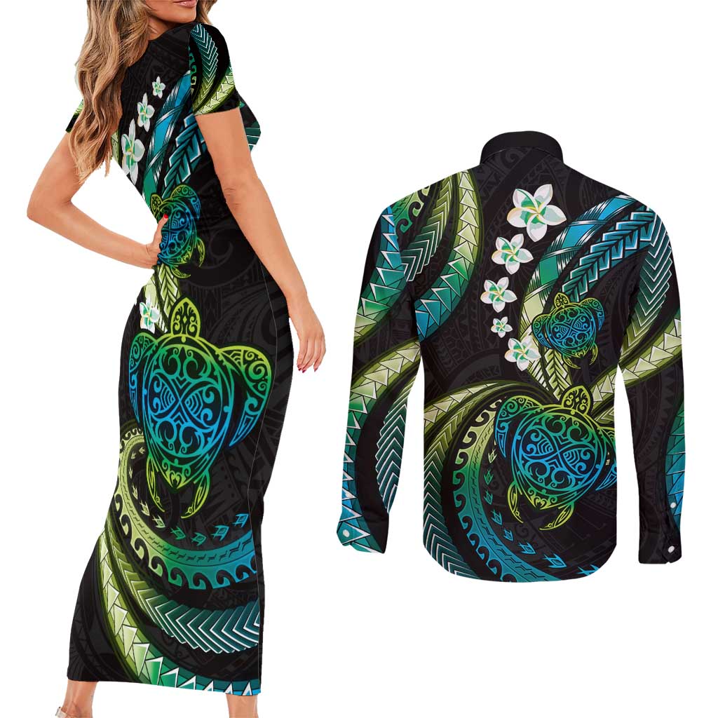 Hawaii Turtles Plumeria Couples Matching Short Sleeve Bodycon Dress and Long Sleeve Button Shirt Chartreuse Cyan Polynesian Pattern LT01 - Polynesian Pride
