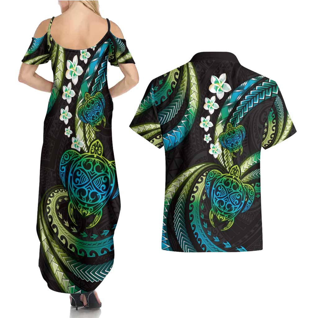 Hawaii Turtles Plumeria Couples Matching Summer Maxi Dress and Hawaiian Shirt Chartreuse Cyan Polynesian Pattern LT01 - Polynesian Pride