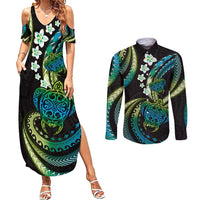 Hawaii Turtles Plumeria Couples Matching Summer Maxi Dress and Long Sleeve Button Shirt Chartreuse Cyan Polynesian Pattern LT01 Cyan - Polynesian Pride
