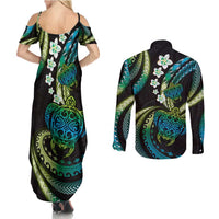 Hawaii Turtles Plumeria Couples Matching Summer Maxi Dress and Long Sleeve Button Shirt Chartreuse Cyan Polynesian Pattern LT01 - Polynesian Pride