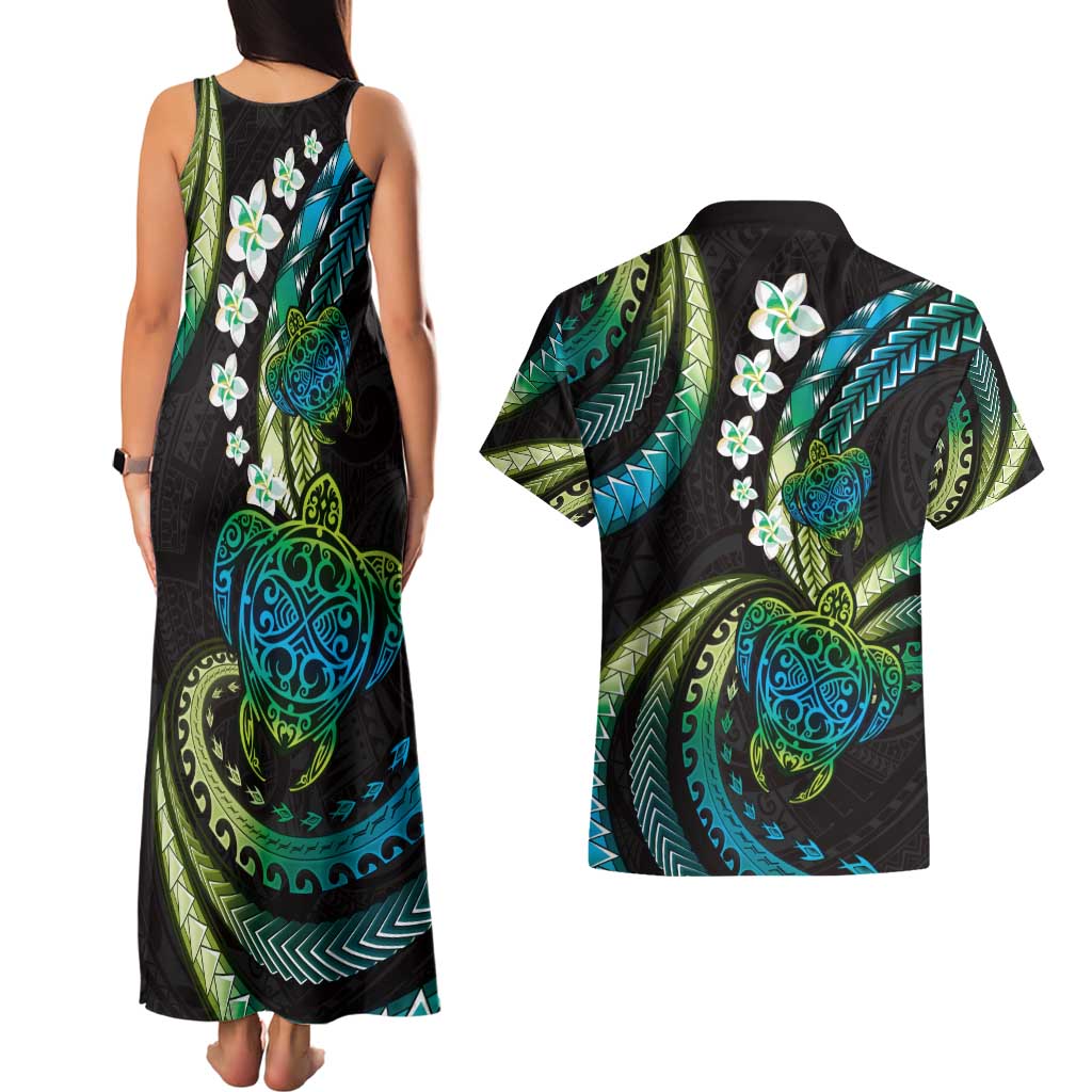Hawaii Turtles Plumeria Couples Matching Tank Maxi Dress and Hawaiian Shirt Chartreuse Cyan Polynesian Pattern LT01 - Polynesian Pride