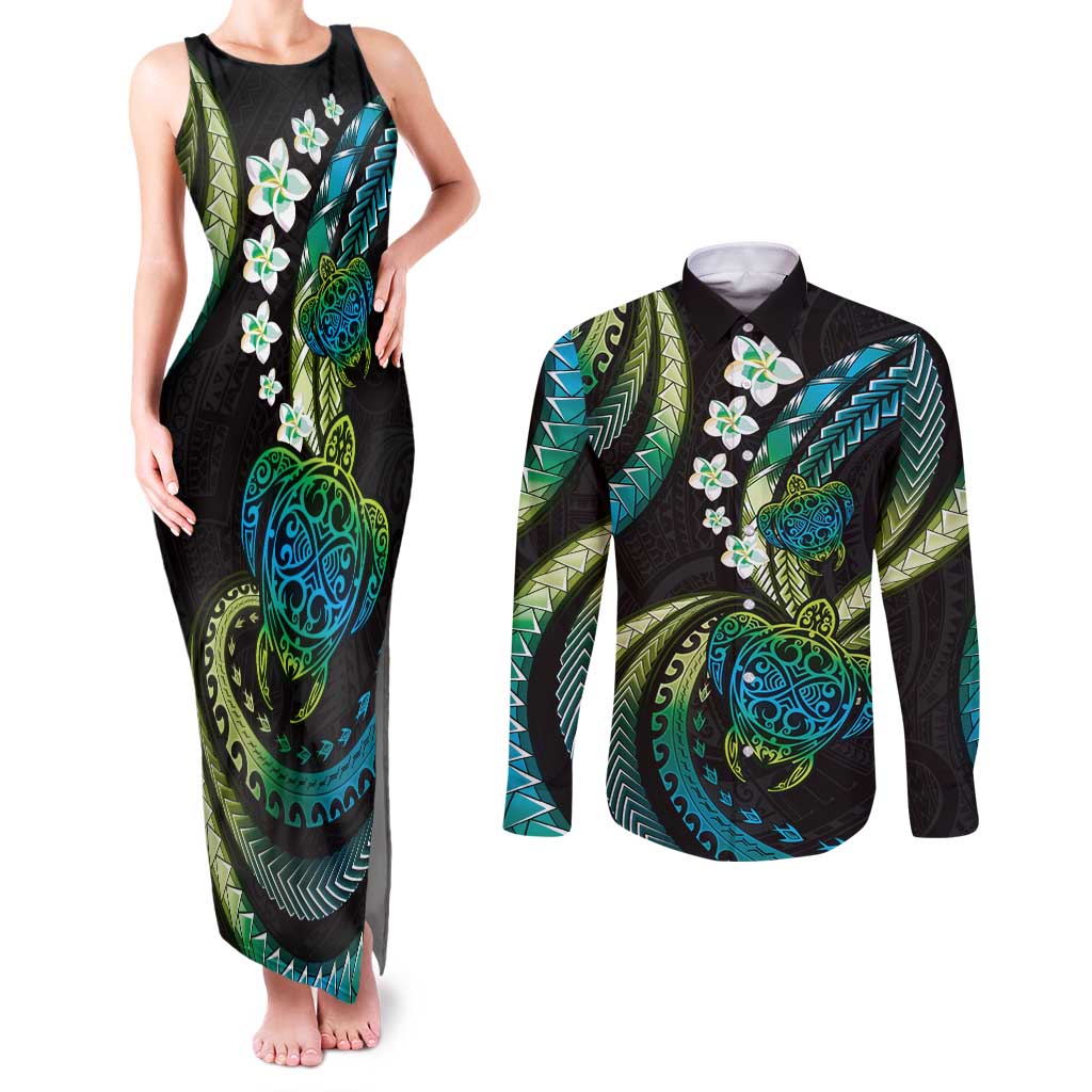 Hawaii Turtles Plumeria Couples Matching Tank Maxi Dress and Long Sleeve Button Shirt Chartreuse Cyan Polynesian Pattern LT01 Cyan - Polynesian Pride