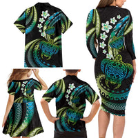 Hawaii Turtles Plumeria Family Matching Long Sleeve Bodycon Dress and Hawaiian Shirt Chartreuse Cyan Polynesian Pattern