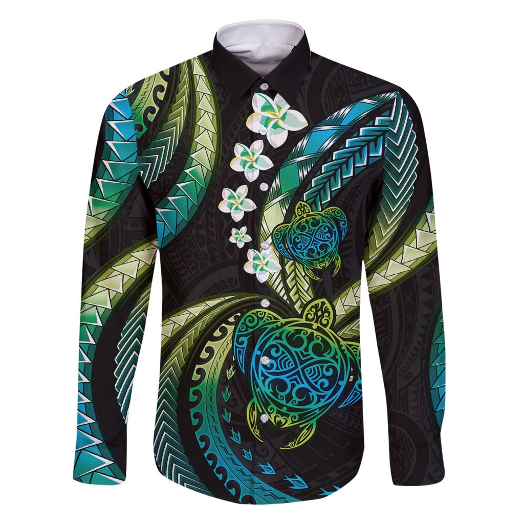 Hawaii Turtles Plumeria Family Matching Long Sleeve Bodycon Dress and Hawaiian Shirt Chartreuse Cyan Polynesian Pattern
