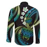 Hawaii Turtles Plumeria Family Matching Long Sleeve Bodycon Dress and Hawaiian Shirt Chartreuse Cyan Polynesian Pattern