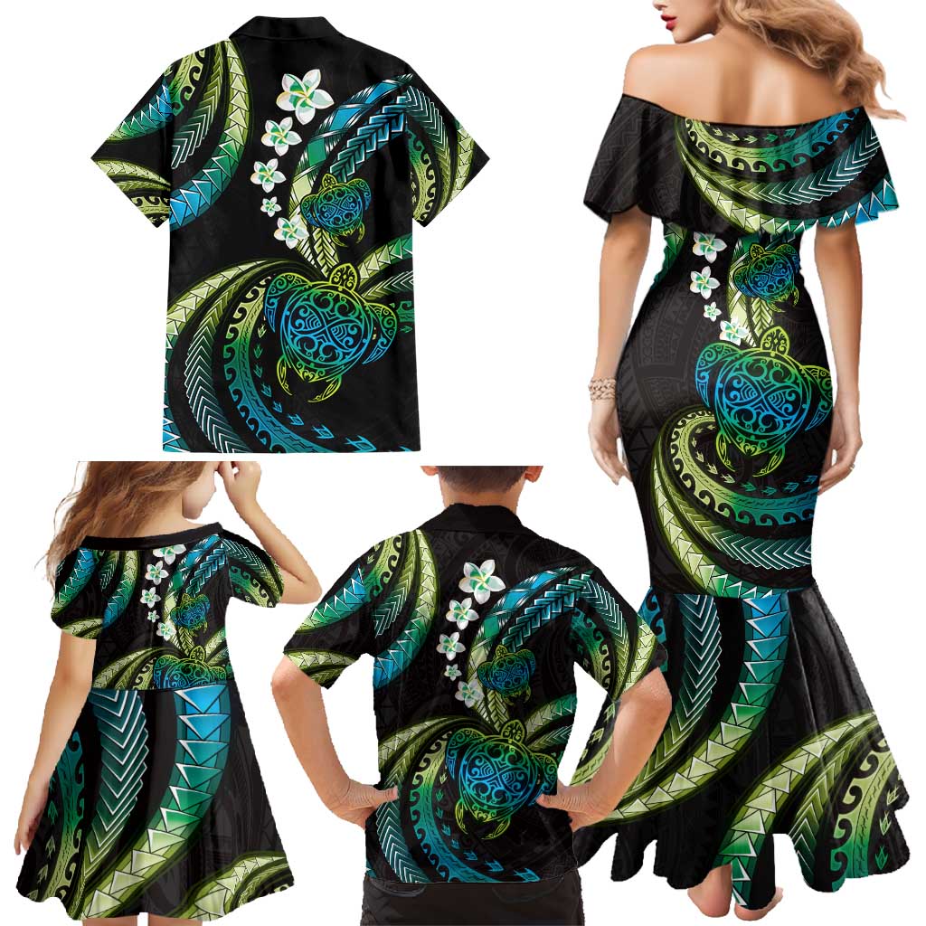 Hawaii Turtles Plumeria Family Matching Mermaid Dress and Hawaiian Shirt Chartreuse Cyan Polynesian Pattern