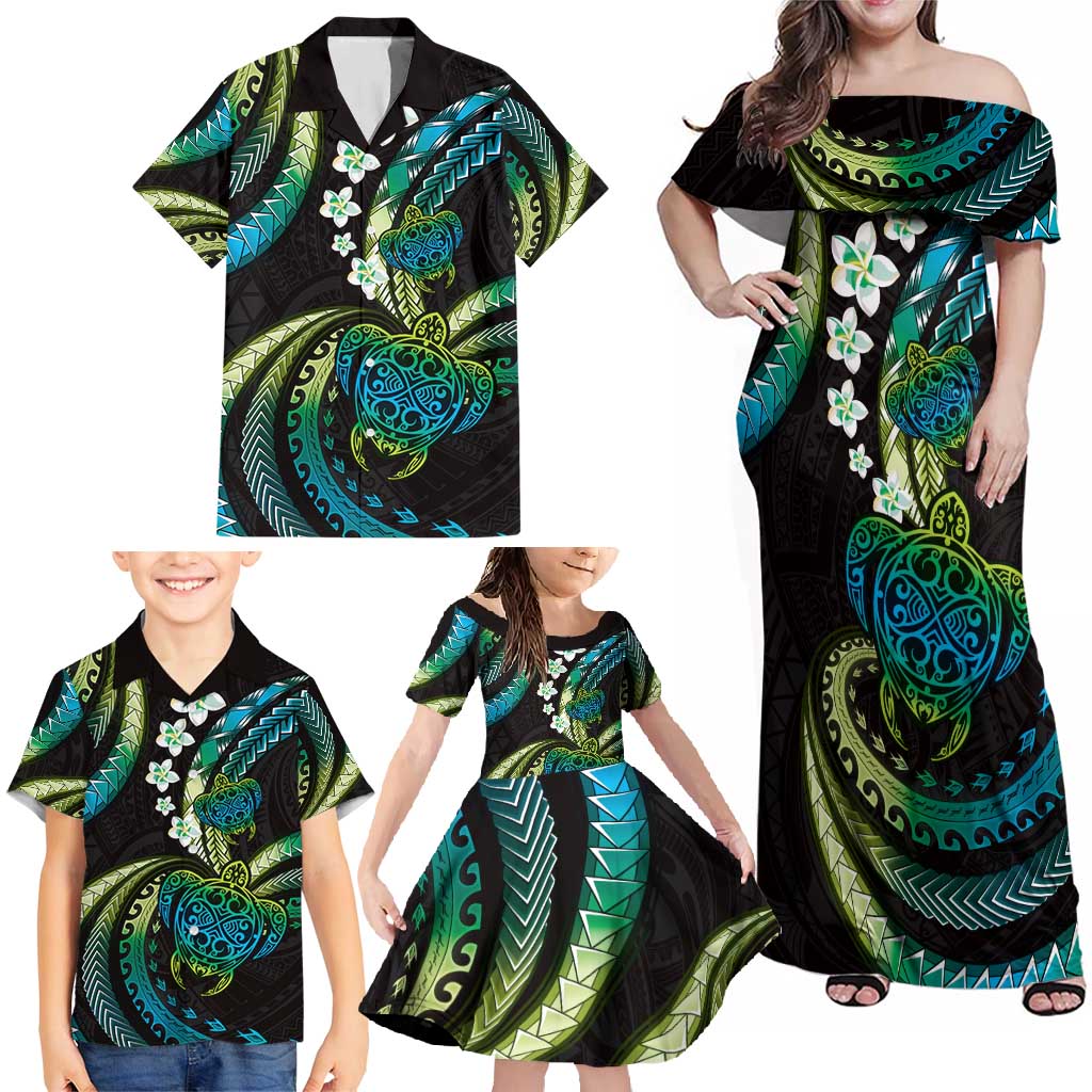 Hawaii Turtles Plumeria Family Matching Off Shoulder Maxi Dress and Hawaiian Shirt Chartreuse Cyan Polynesian Pattern