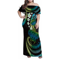 Hawaii Turtles Plumeria Family Matching Off Shoulder Maxi Dress and Hawaiian Shirt Chartreuse Cyan Polynesian Pattern